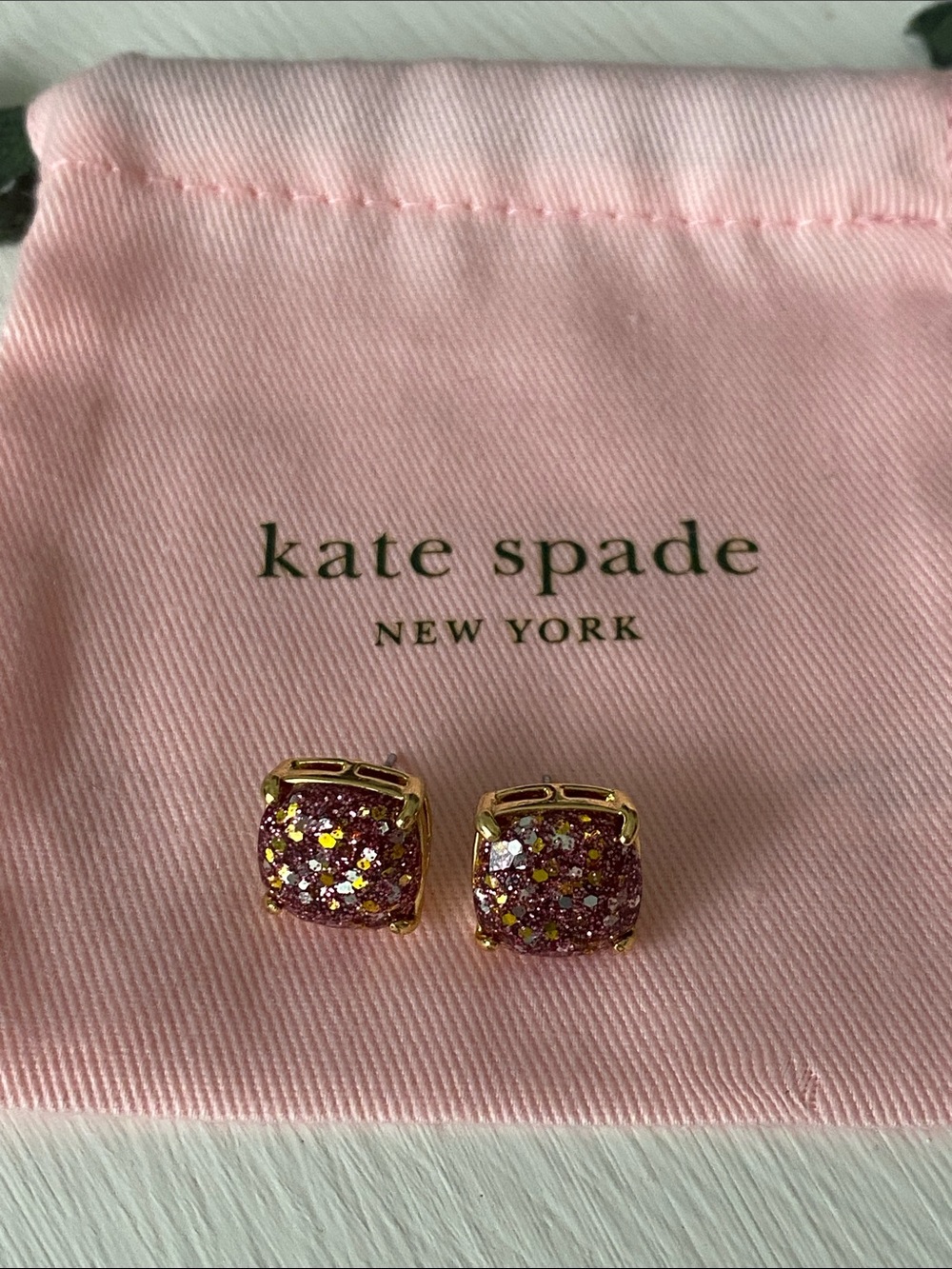 Kate Spade Rose & Gold Glitter Large Stud Earrings, with Dust Bag